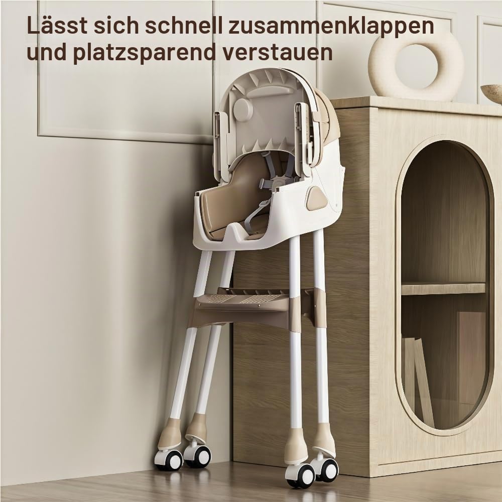 Klappbarer Babyhochstuhl Grau, Rädern, Aufbewahrungskorb