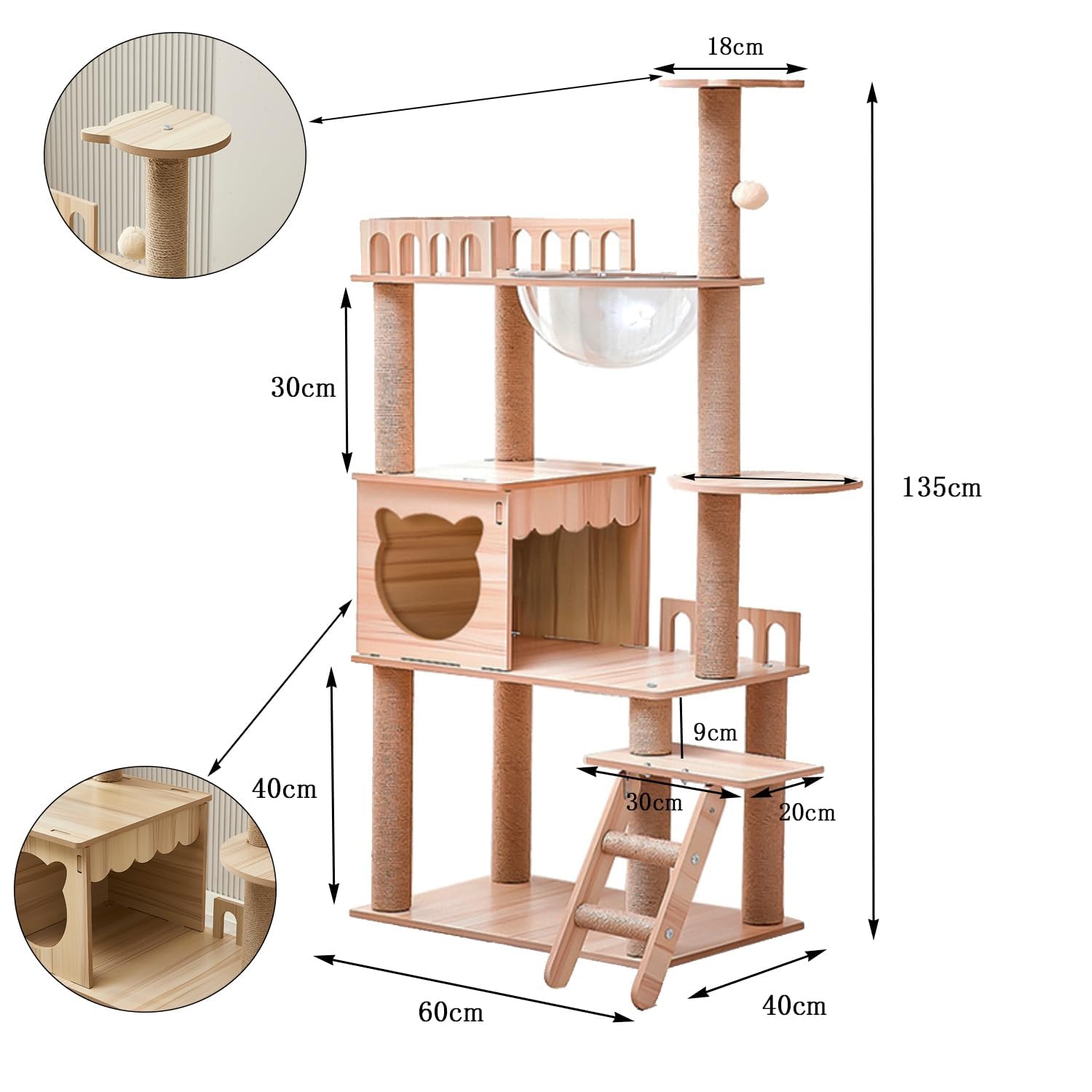 Tiragraffi per gatti, 135 cm, Grande con capsula spaziale, 9 Tiragraffi in sisal, Scala, Palline giocattolo, Albero per gatti per adulti di taglia grande（KT-022）