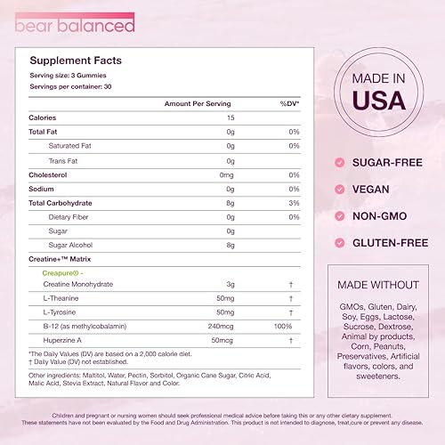Miniatura 4 de Bear Balanced Creapure Creapure Creatine Monohidrato, L-Teanina, L-Tirosina y B12 para crecimiento muscular, fuerza, concentración, energía y salud,