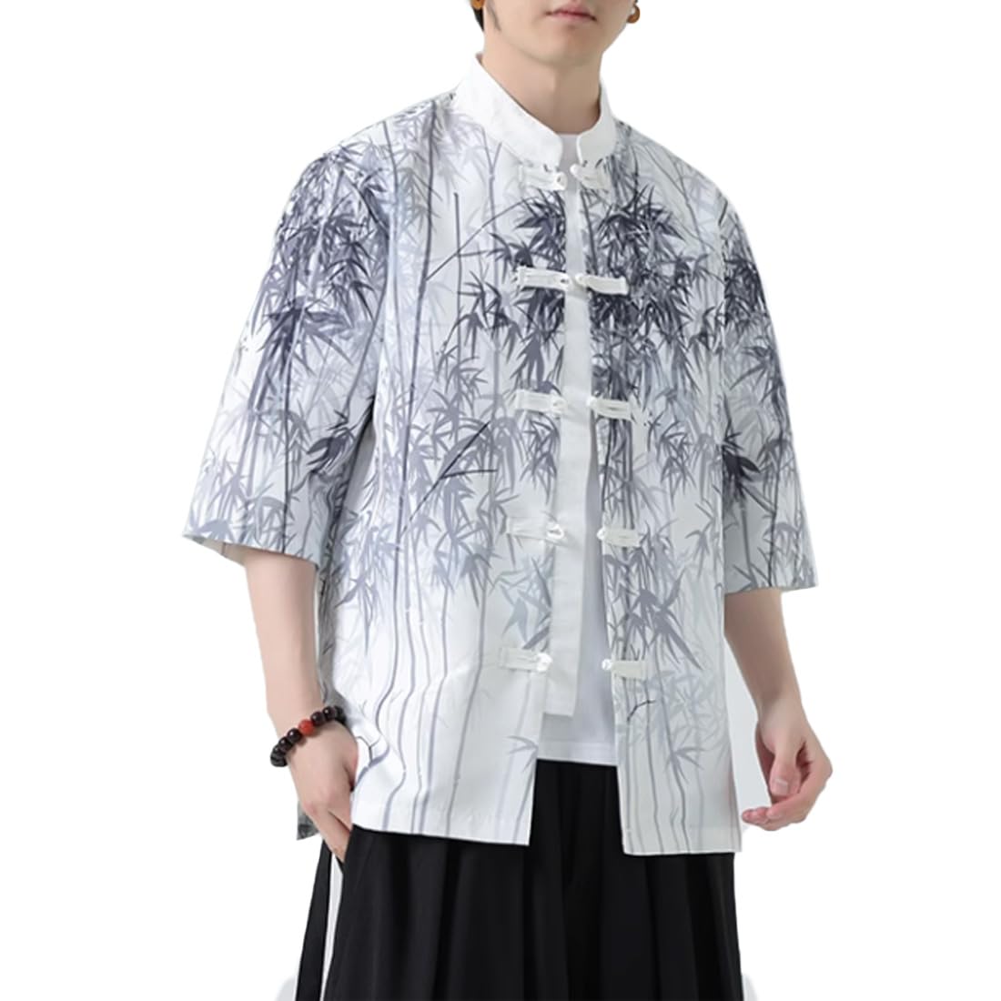 HZCX FASHION Mens Chinese Traditional Printed Tang Shirts Frog Button Down Kong Fu Short Sleeve Jacket(White,XX-Large)