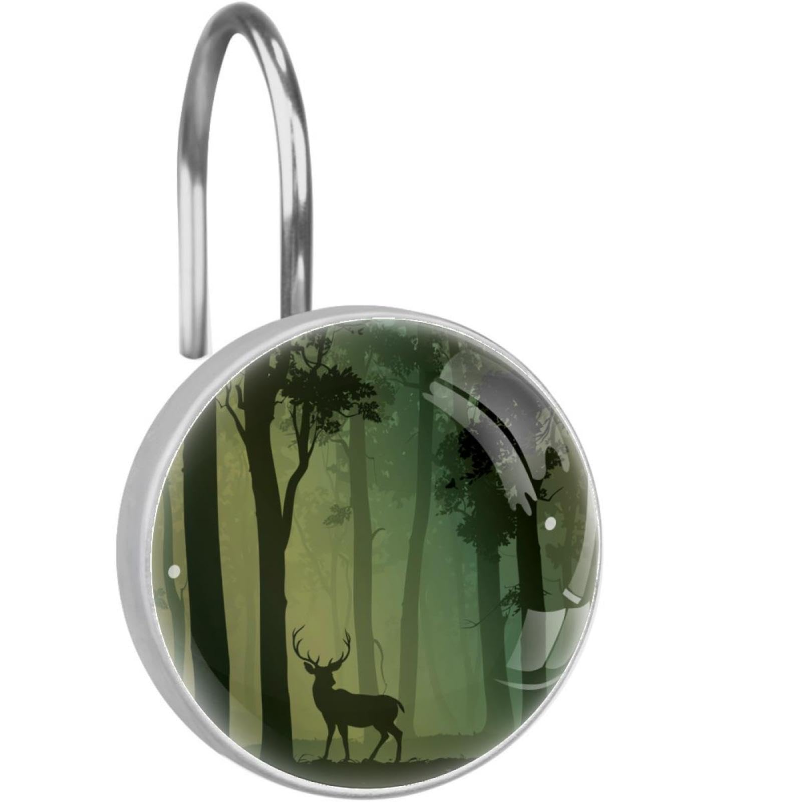 deciduous Forest Bird Deer Decorative Shower Curtain Hooks Rings Set of 12 Hooks for Shower Curtain Rustproof Curtain Rings for Bathroom