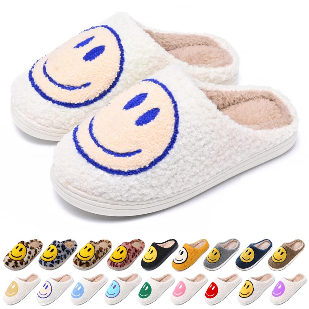 Women's Men's Retro Preppy Happy Face Slippers Comfy Warm Plush Slip-On House Slipper for Winter Indoor Soft Cushion Non-slip Fluffy Slides Slippers