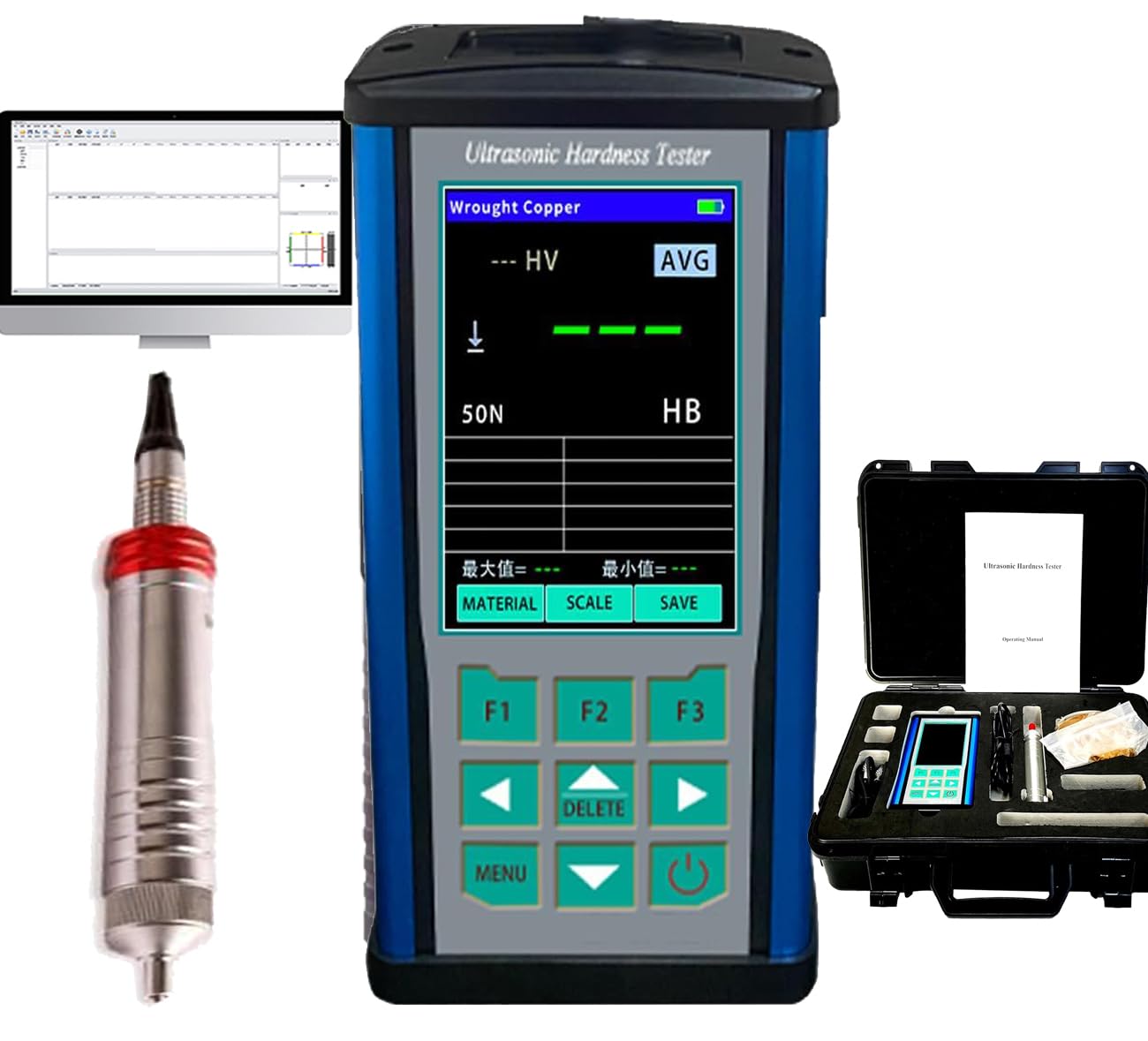 VTSYIQI Digital Ultrasonic Hardness Tester Meter Instrument with Force 50N 5kgf Probe Maximum Roughness Test Surface Ra<10um USB Interface ASTM-A1038 Standard