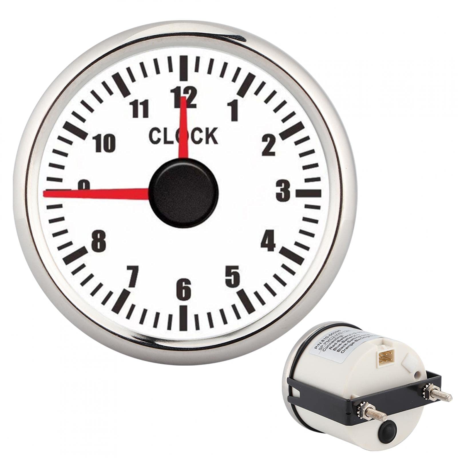 Montre Automatique de Jauge D'horloge Universelle de 2 Pouces Indicateurs de Tableau de Bord 0-12 Heures Affichage Rétro-Éclairage Rouge 12V/24V pour Voiture Bateau Yacht(Cadre argenté sur blanc)
