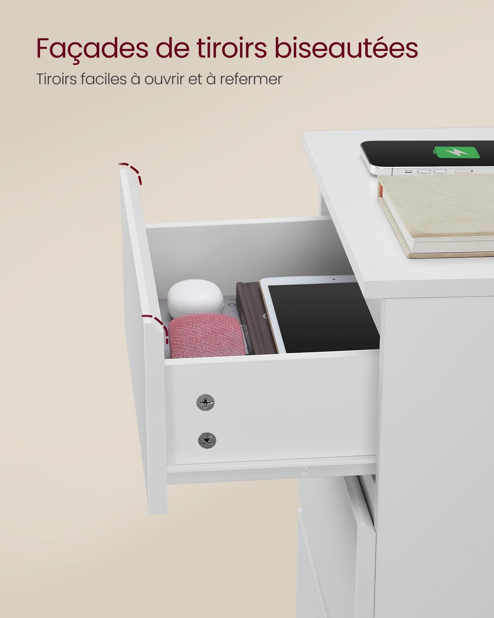 VASAGLE Kailyn Collection - Table de Chevet avec Multiprise, Lot de 2, Table d’Appoint avec 3 Tiroirs, 2 Prises CA, 2 Ports USB, pour Salon, Chambre, Bureau, Moderne, Blanc Nuage LET831W14V2