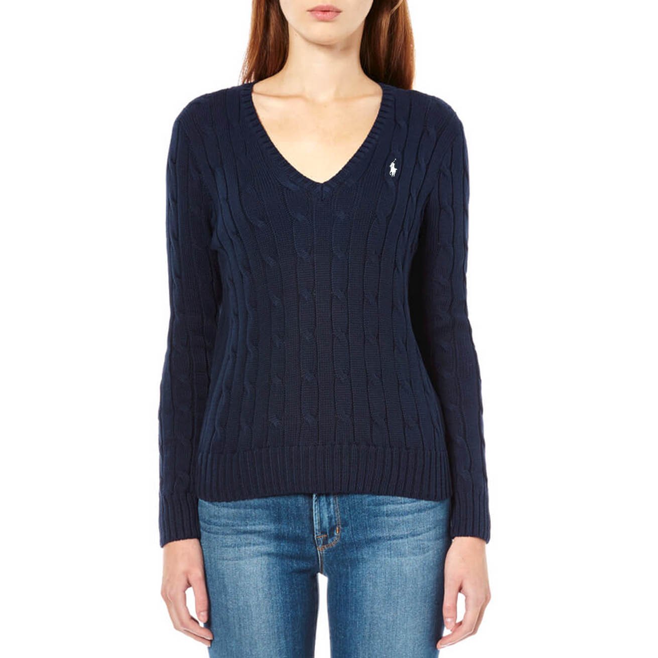 Polo Ralph Lauren Womens 100 Cotton Cable Knit V-Neck Sweater Blue Navy Large