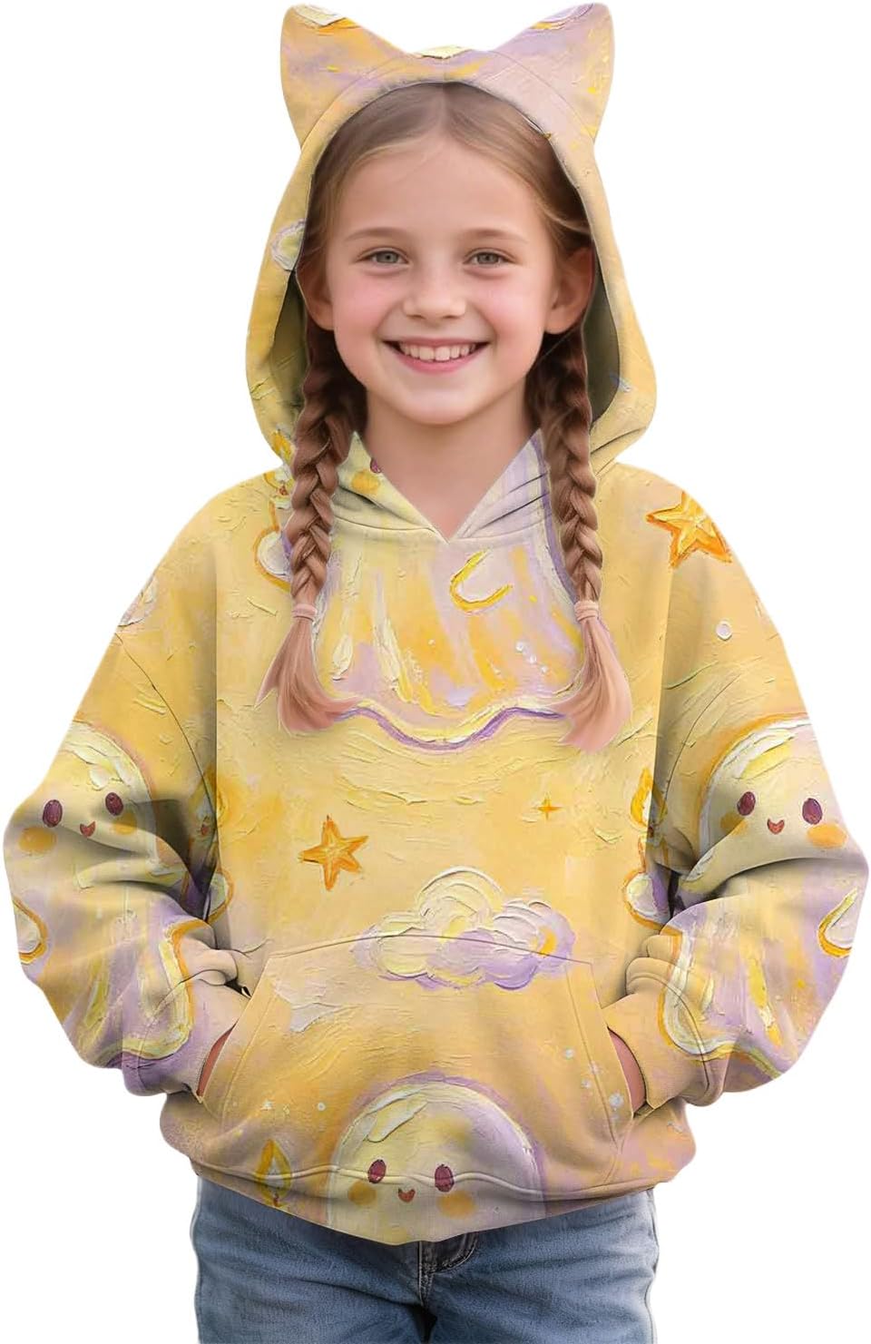 Girls Oversized Hoodie Cute Graphic Long Sleeve Halloween Pullover Cat Ear Hooded Athletic Sweatshirts Teen Trendy