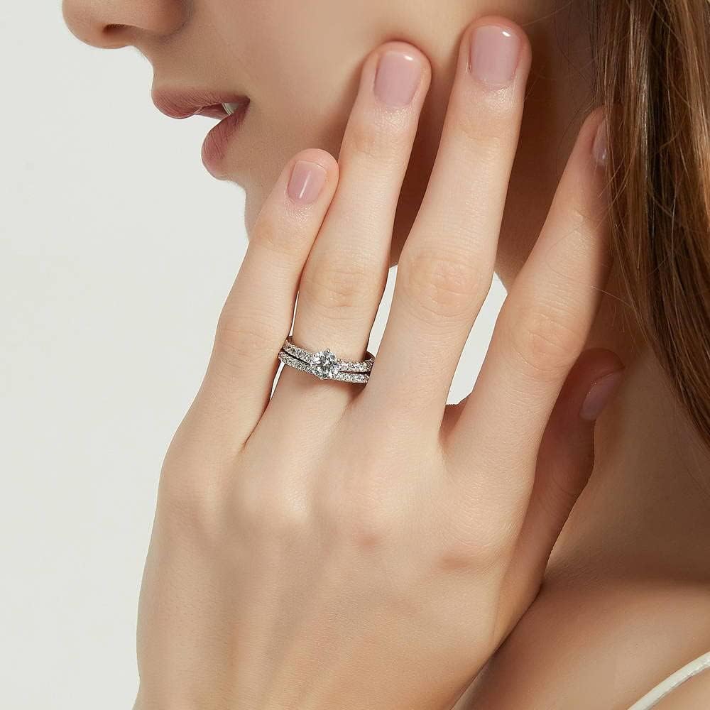 BERRICLE Sterling Silver Solitaire Wedding Engagement Rings 0.8 Carat Round Cut Cubic Zirconia CZ Ring Set for Women, Rhodium Plated