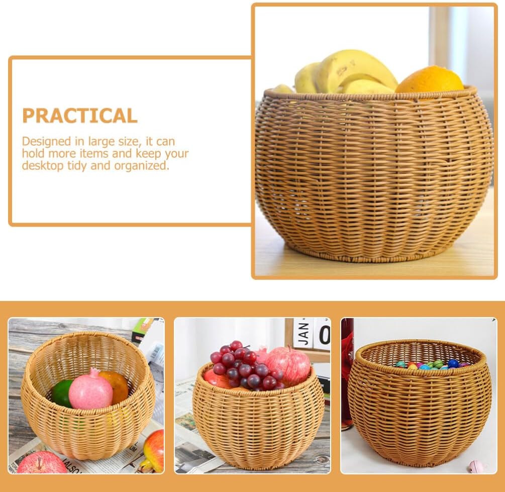 UPKOCH Rattan Round Fruit Basket Bowl Handwoven Storage Serving Basket Wicker Organizer Storage Basket Trash Bin Laundry Basket Planter Flower Basket for Kitchen