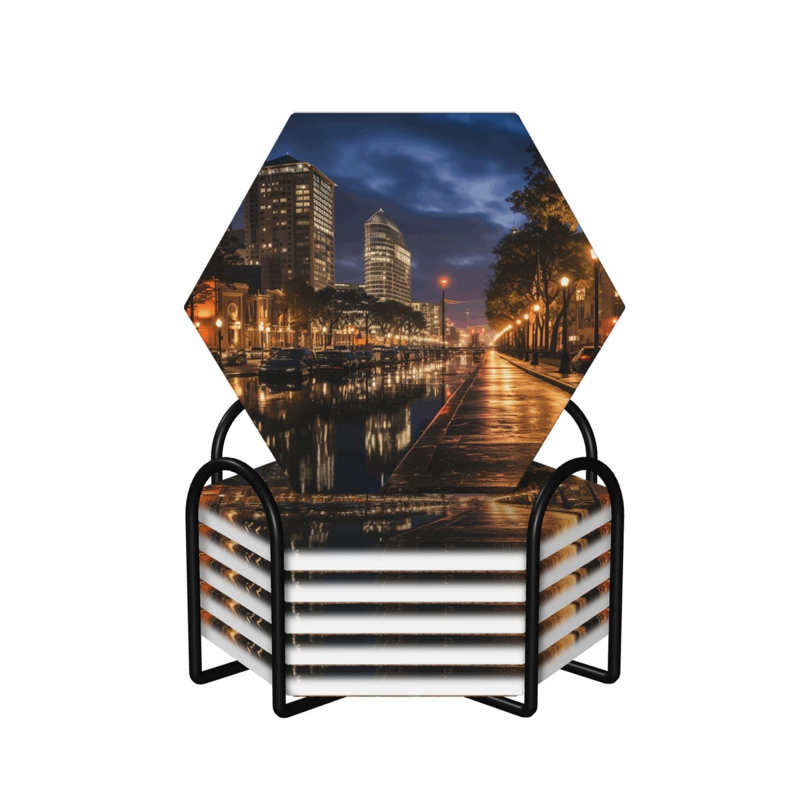 Dessous de verre Portland at Night hexagonaux en céramique avec support lot de 6