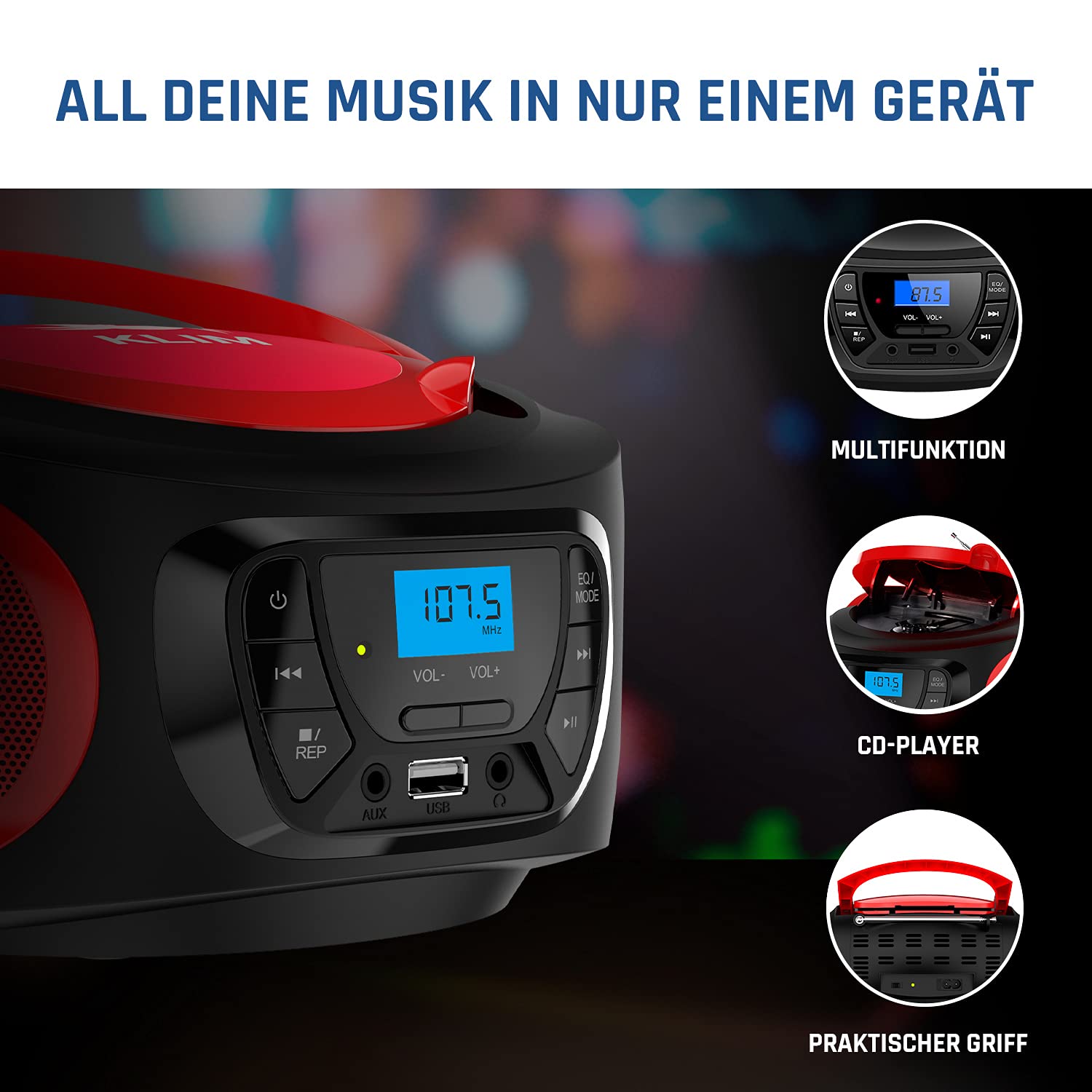 KLIM Boombox Radio mit CD Player - NEU - FM-Radio, CD Player, Bluetooth, MP3, USB, AUX - Inklusive wiederaufladbaren Akkus - Kabelgebundene und kabellose Modi - Kompakt und robust (Rot)