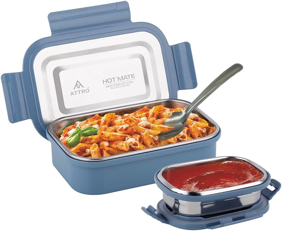 Attro Hotmate ステンレススチール 断熱 気密 漏れ防止 ランチボックス 壊れない蓋 スナック ティフィン 子供用 軽量 お手入れ簡単 オフィス 学校 ピクニック 旅行用 800ml - パステルブルー