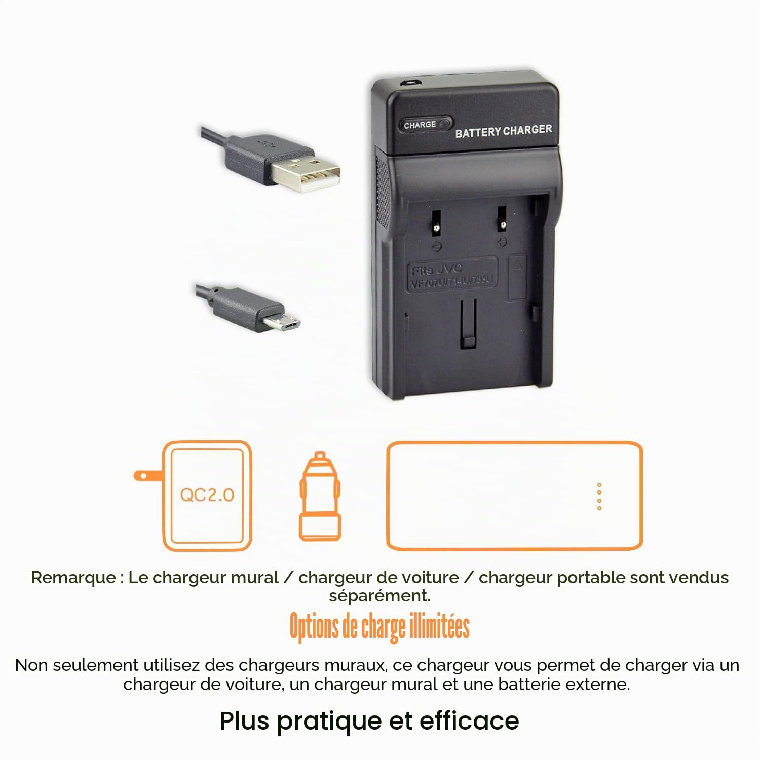 DSTE BN-VF707U Lot de 2 batteries Li-ion et chargeur micro USB compatible avec JVC GR-D350 GR-D351 GR-D360 GR-D370 GR-D371 GR-D375 GR-D570 GR-D640 GR-D645 comme appareil photo JVC BN-VF707 BN N-VF71.