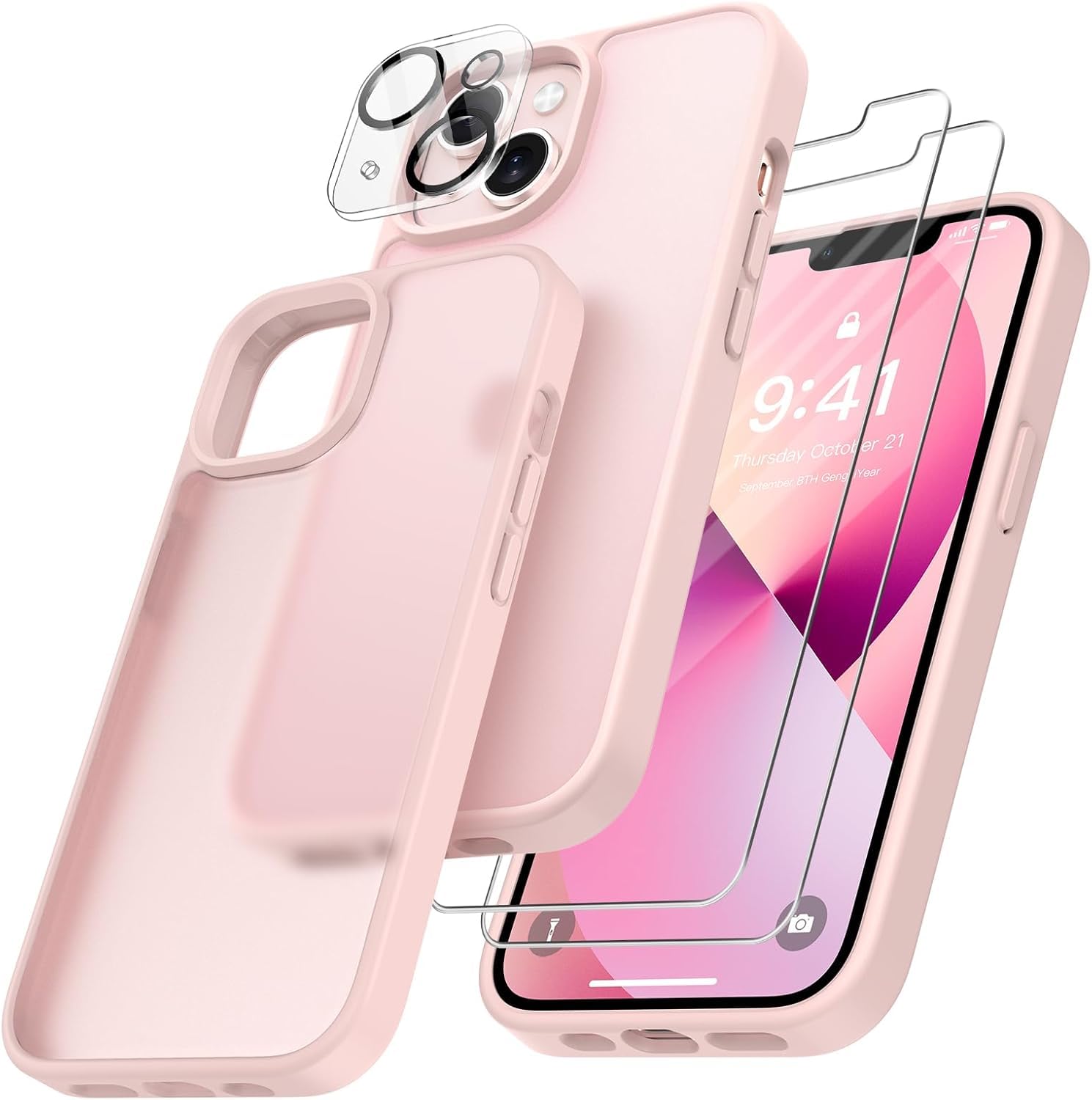 FLLAO 4 in 1 Cover per iPhone 13 Custodia con 2 Pellicola Vetro Temperato e 1 Fotocamera Protettiva, [Cuscino d'aria integrato] Morbido TPU Bumper Protection Cover iPhone 13, Rosa