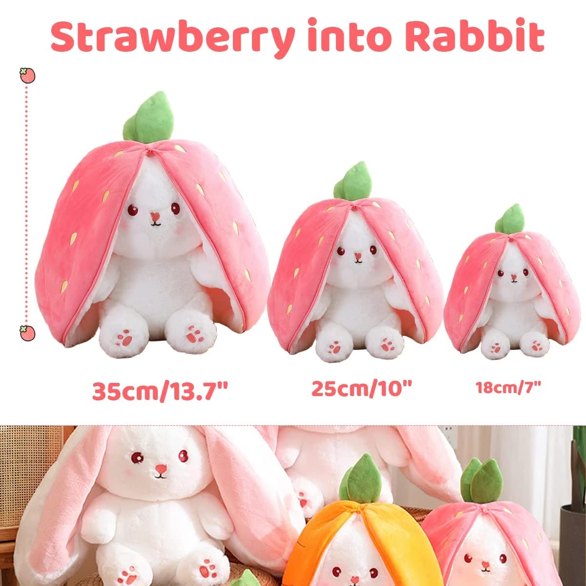 KOWAKA Lapin Transformable – Fraise Ou Carotte – Peluche 25 Cm – Cadeau Enfants – Livrée Sous Vide