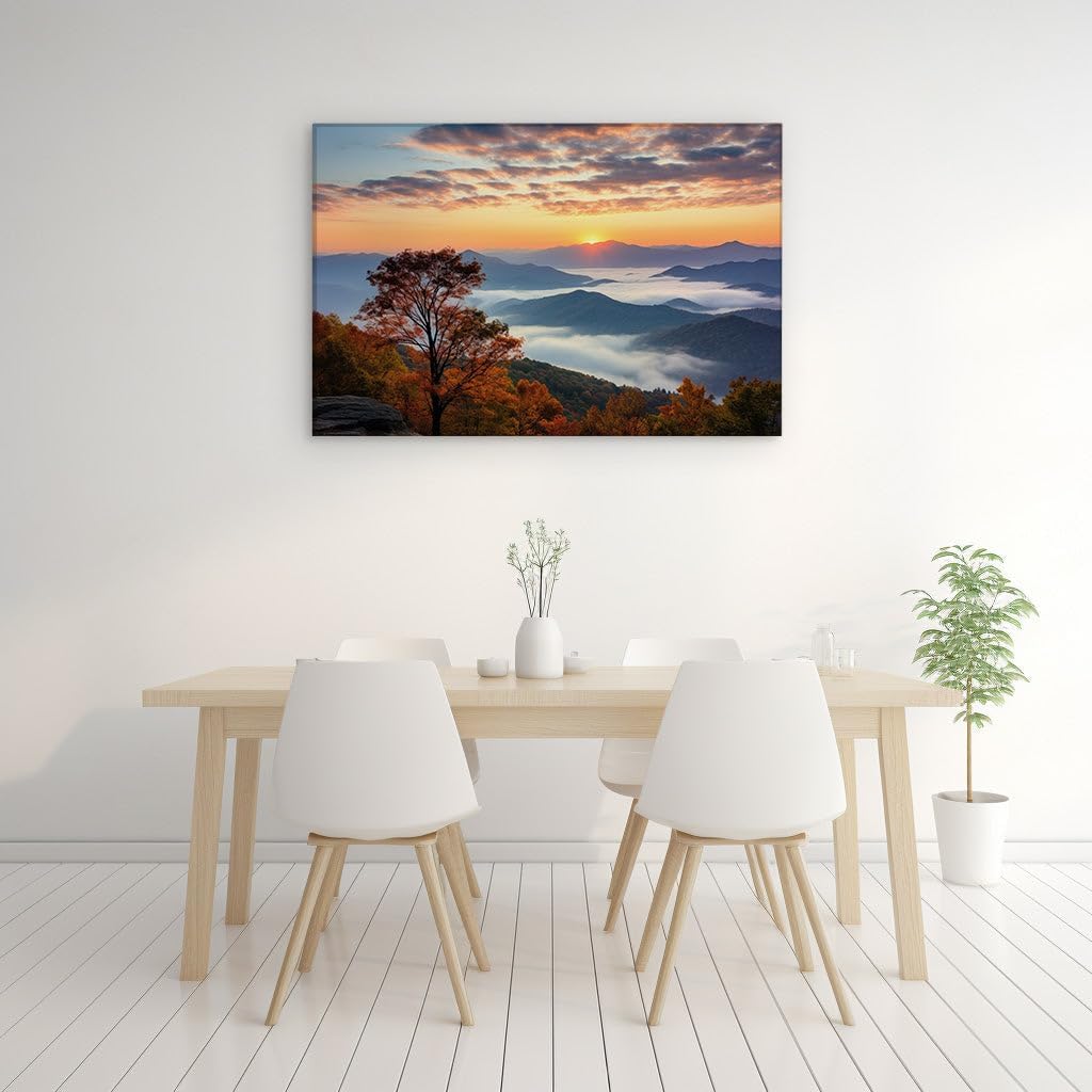Canvas for Living room. Dawn's Embrace: A Lone Tree Witnesses the Mountain Sunrise Spectacle, 27 x 18 inch Canvas Wall Art - Surrealistic Visions - Modern Home Decor - 69x46 cm (27x18 inch)