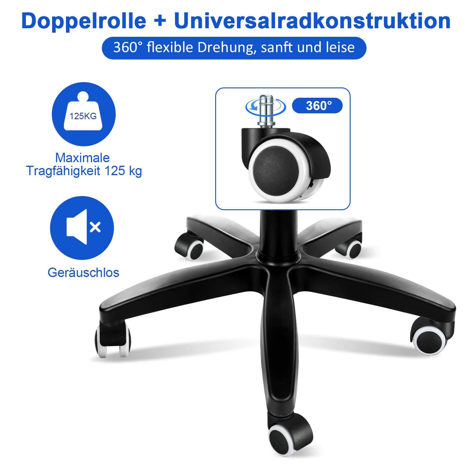 5 Ruote Per Sedia Ufficio In Gomma – Perno 10x22 Mm, Silenziose, Antigraffio, Portata 200 Kg, 360° - 2
