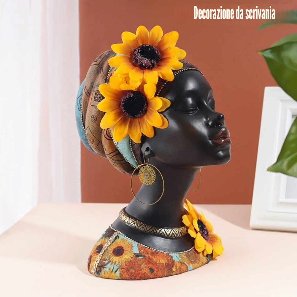 Statua busto di donna africana in resina, decorazione domestica moderna Busto di ragazza girasole africano, adatto per ingresso, ingresso, ufficio, soggiorno, decorazione della camera da letto