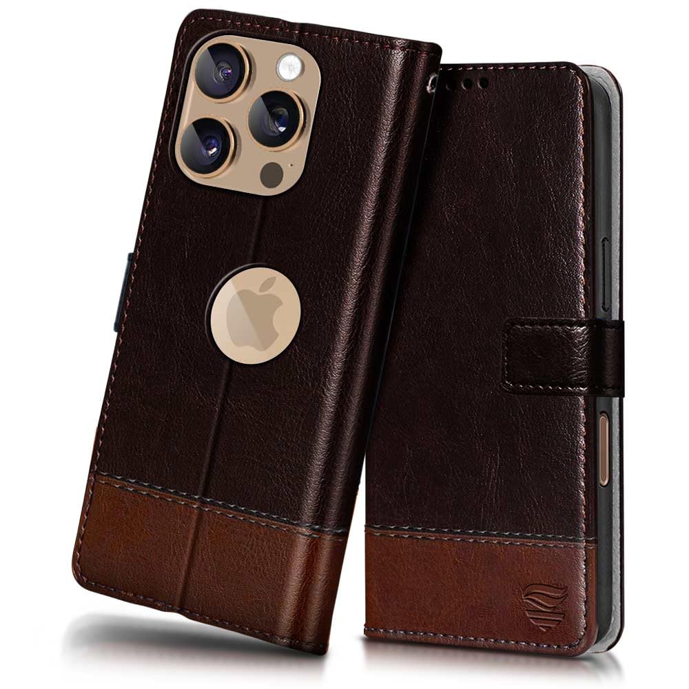 FLIPPED Vegan Leather Flip Case Back Cover for iPhone 16 Pro (Flexible, Shock Proof | Hand Stitched Leather Finish | Card Pockets Wallet & Stand | Coffee with Brown)