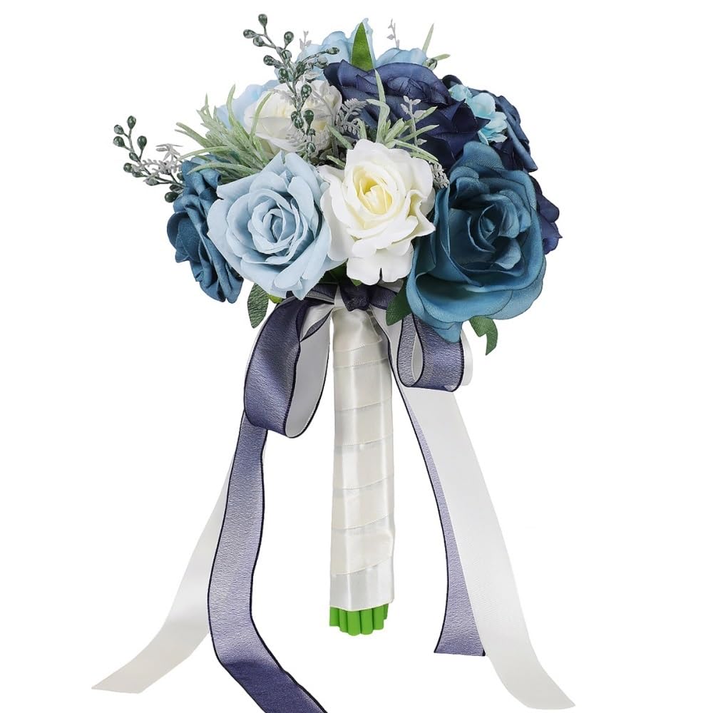 Huffa Blueandwhite Simulated Blue And White Rose Bouquet For Weddings | Elegant Bride Wedding Floral Arrangement