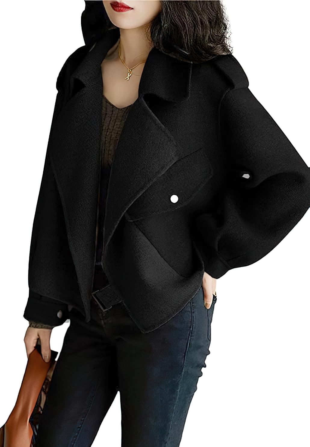 chouyatou Womens Fall Casual Cropped Wool Coat Open Front Loose Dressy Blazer Jacket Short Trench Coat