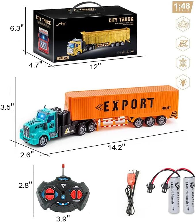 Miniatura 6 de Camión semicamión de juguete con control remoto para niños, mini camión contenedor de 14 pulgadas con 2 baterías recargables, auto de transporte