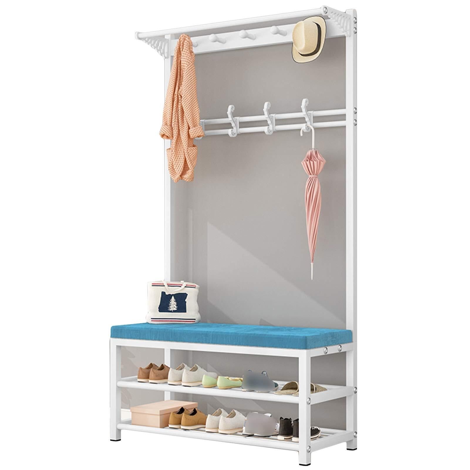Stojak na ubrania 3 w 1, z ławką na buty, 14 haczykami, podwójnym schowkiem na buty, wolnostojący, do przedpokoju, przedpokoju (niebiesko-biały, 80 x 33 x 170 cm)