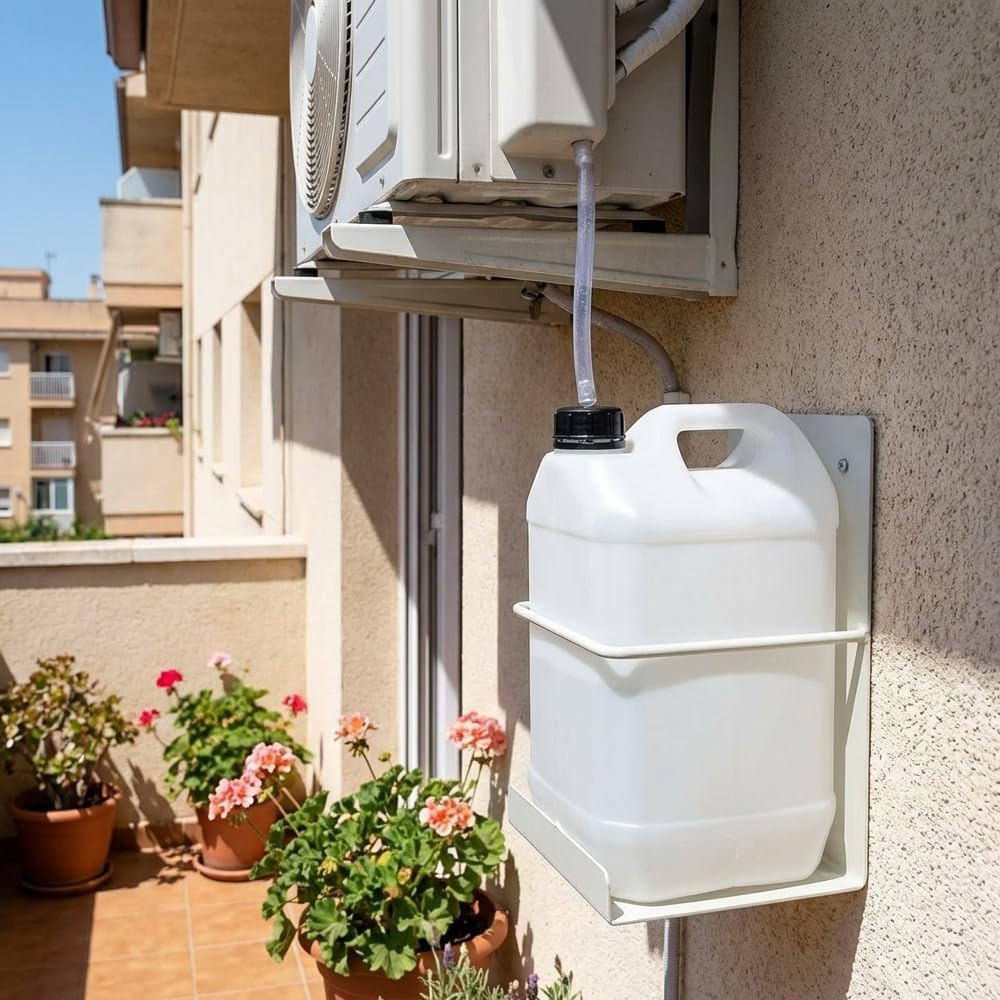 Suinga Bidon Condensador para Aire Acondicionado 5 litros + Soporte | Garrafa de Plastico Alimentario, con Asa y Tapon | Bidon Multiusos para Almacenaje, Transporte y Liquidos