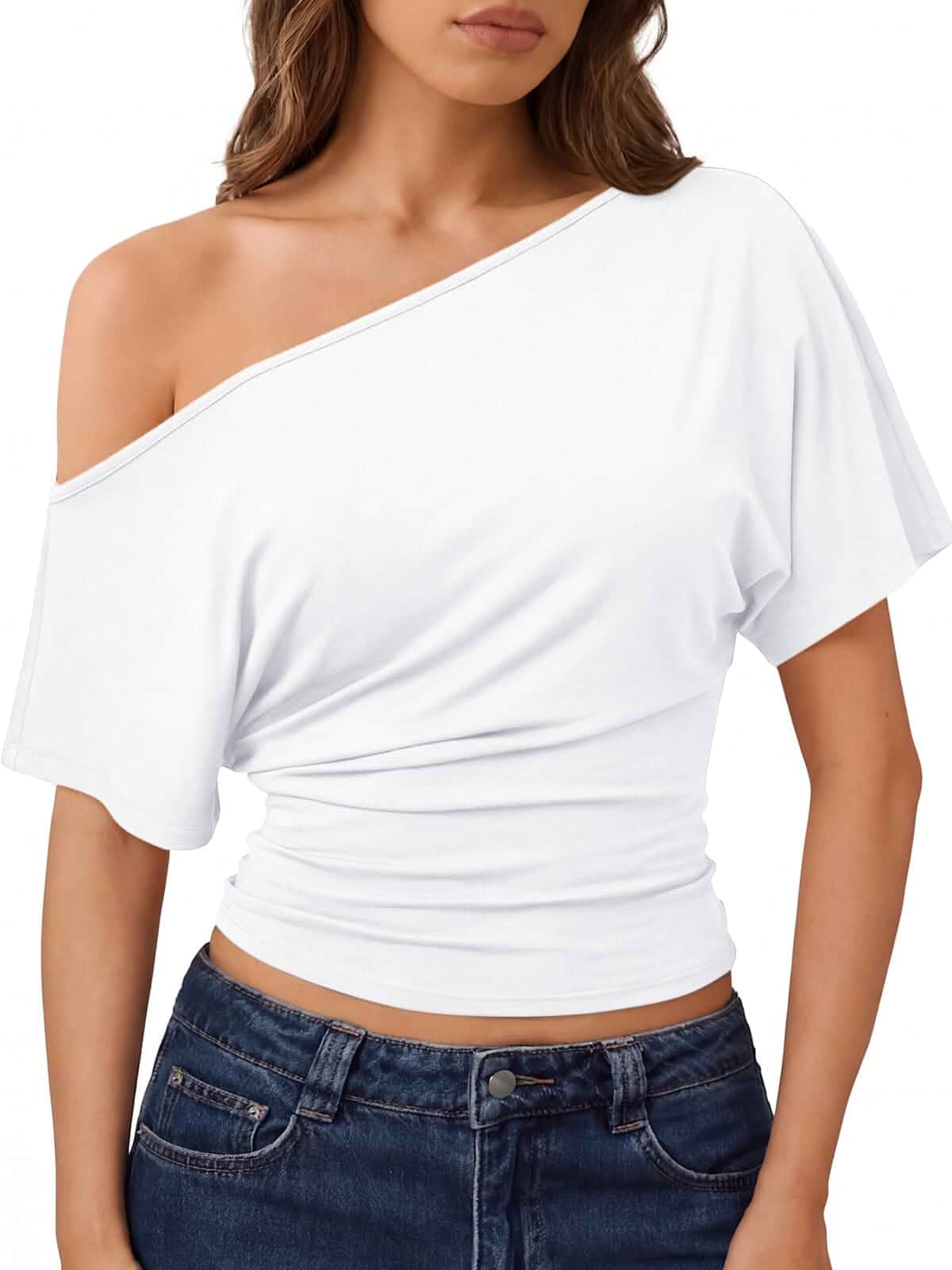 Trendy Queen Womens Off the Shoulder Tops 2026 Summer Going Out Crop Shirts Cinched Waist Asymmetrical Wrap Short Sleeve T Shirts, Cute Spring Outfits, Casual Work Blouses Y2k Clothes Resort Wear