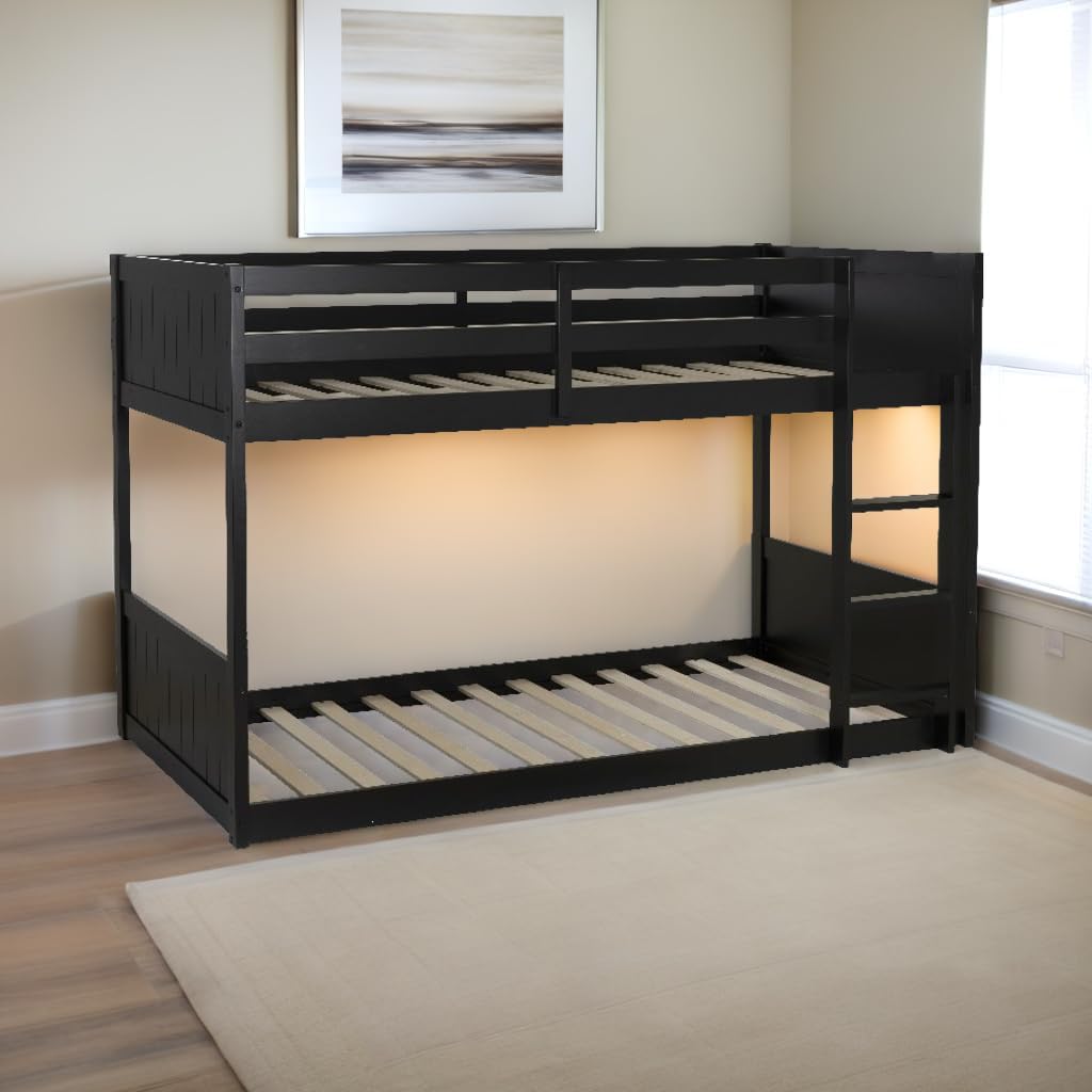 BOWERY HILL Solid Rubberwood Twin Over Twin Bunk Bed, Low Profile Design, Black Lacquer Finish, Durable MDF and Poplar Construction, 77.38" L x 42.25" D x 51.5" H, Space-Saving Kids or Guest Room Bed