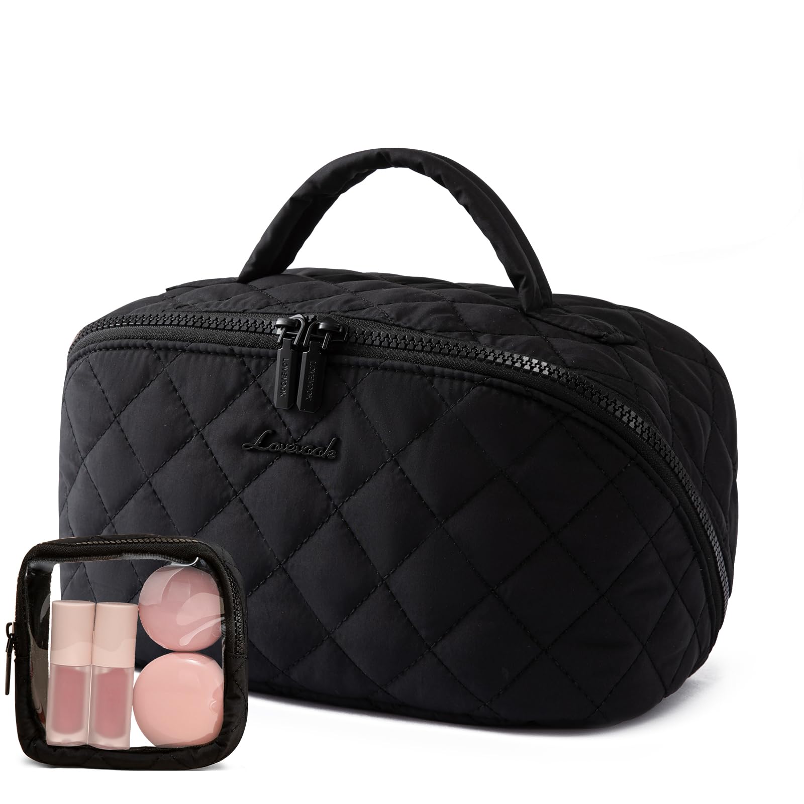 LOVEVOOK Kosmetiktasche Damen, Kulturtasche Organizer mit fächern, Wasserdichter Puffer Kulturbeutel, Schminktasche mit 180°-Flachdesign Groß, Wäschemaschinenfeste Make up Tasche für Reisen, Schwarz