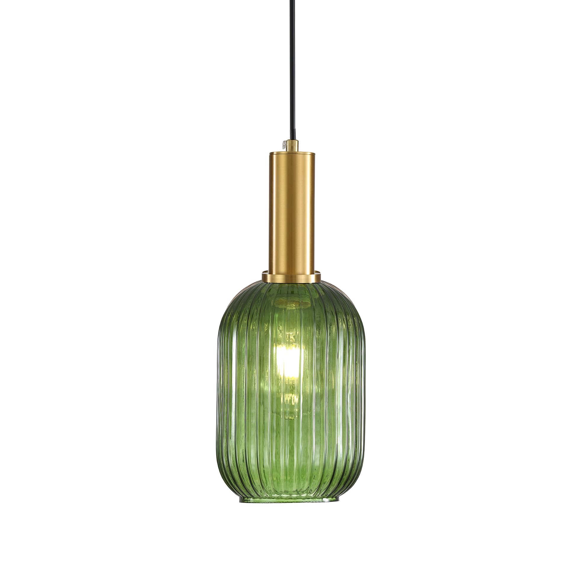 Green Glass Pendant Light, Vintage Island Pendant Light Fixture in Gold Finish, Height Adjustable Ceiling Hanging Lamp for Kitchen Dining Room Bedroom, E27 Base (13cm)