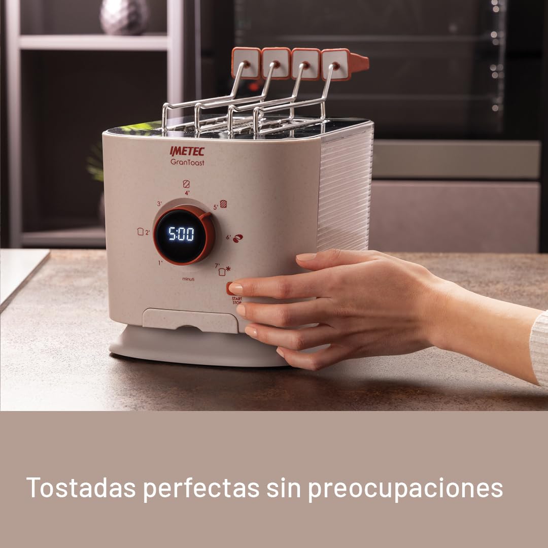 Imetec Grantoast - Tostadora XL de 2 rebanadas con pinzas deslizantes para tostadas rellenas - 7 niveles de dorado, fácil limpieza, pantalla LED, plancha para calentar, temporizador digital