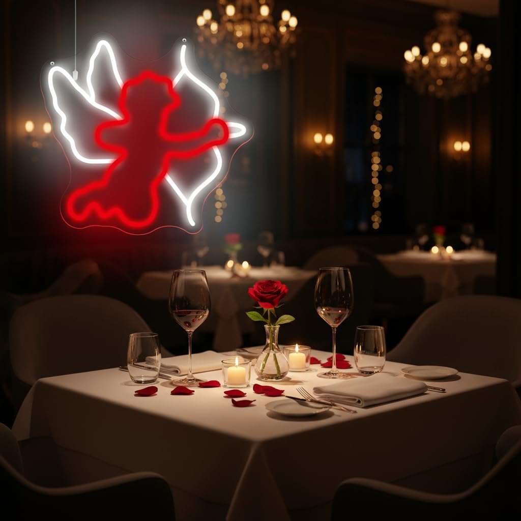 Cupid's Arrow Neon Sign 13.78″×12.99″ – Red & White LED Wall Light, USB Powered with Adjustable Brightness, Romantic Valentine's Day Decor for Bedroom, Restaurant, Party & Wedding