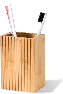Natural Bamboo Toothbrush Holder, Fluted Square Design for Countertop, M...