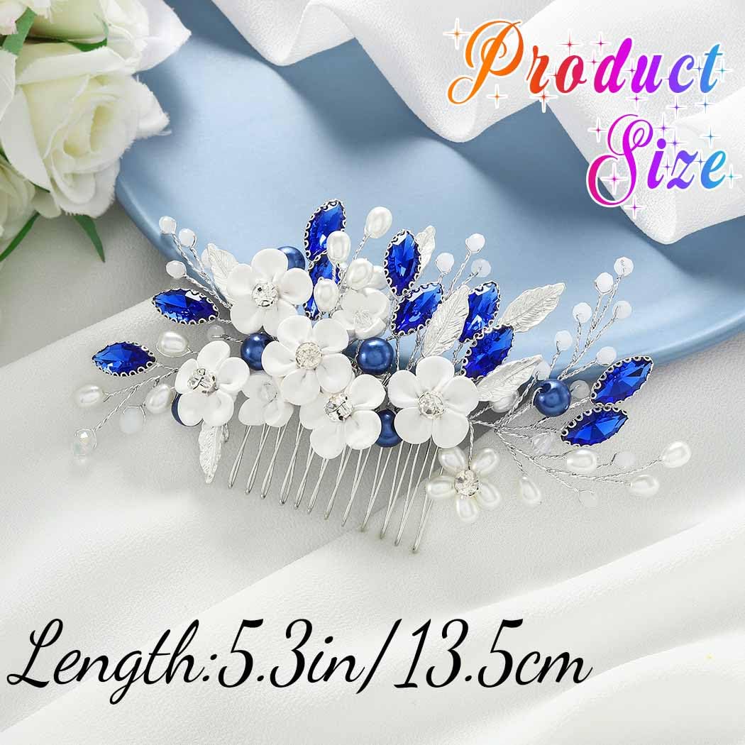 Unicra Bride Wedding Hair Comb Flower Hair Accessories Blue Crystal Rhinestone Headpiece Combs Side for Women and Bridesmaid - Image 2