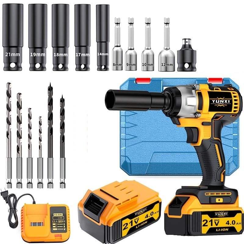 Image of cordless impact wrench drill kit, brushless electric impact gun drill, optional battery, toolbox, charger, socket and complete set of accessories (Machine+battery * 1+plastic box)