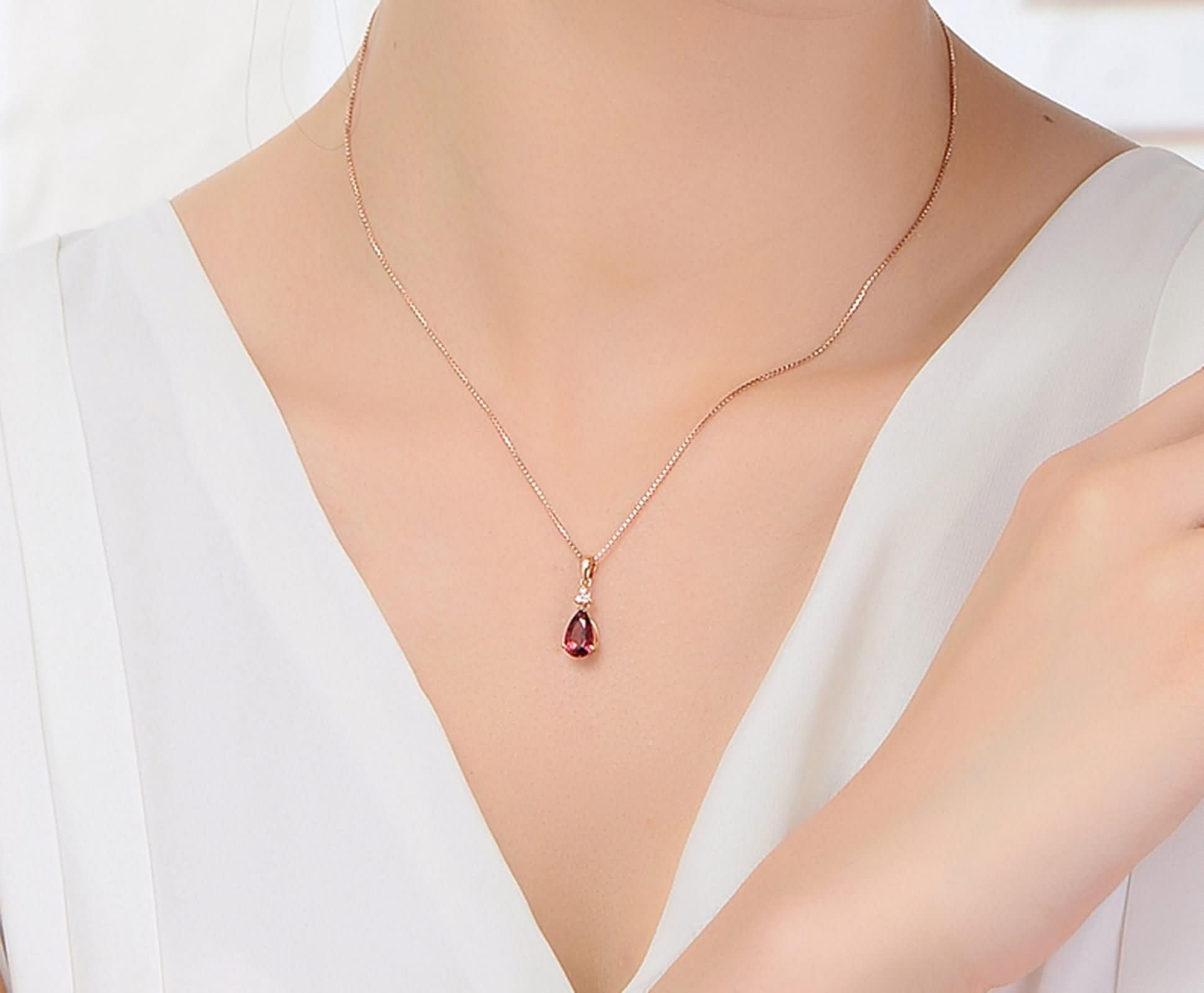 Collane Donna in Oro Rosa 9K / 14K / 18K 750, Goccia d'acqua con Tormalina Rossa da 1,2ct e Diamante, Collana Pendenti Oro Rosa Donna