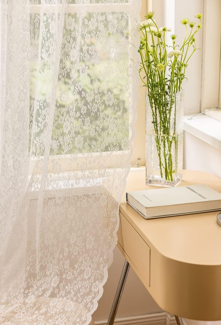 Light Luxury Girl Princess Style Lace Elegant Sheer Curtains Window Treatments Living Room Bedroom Balcony(1 Panel, W 100 x L 95 inch, White)