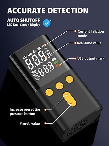 Miniatura 7 de Inflador de neumáticos portátil para automóvil de 150 PSI, bomba de neumáticos de automóvil 4 veces más rápida con manómetro, pantalla digital doble