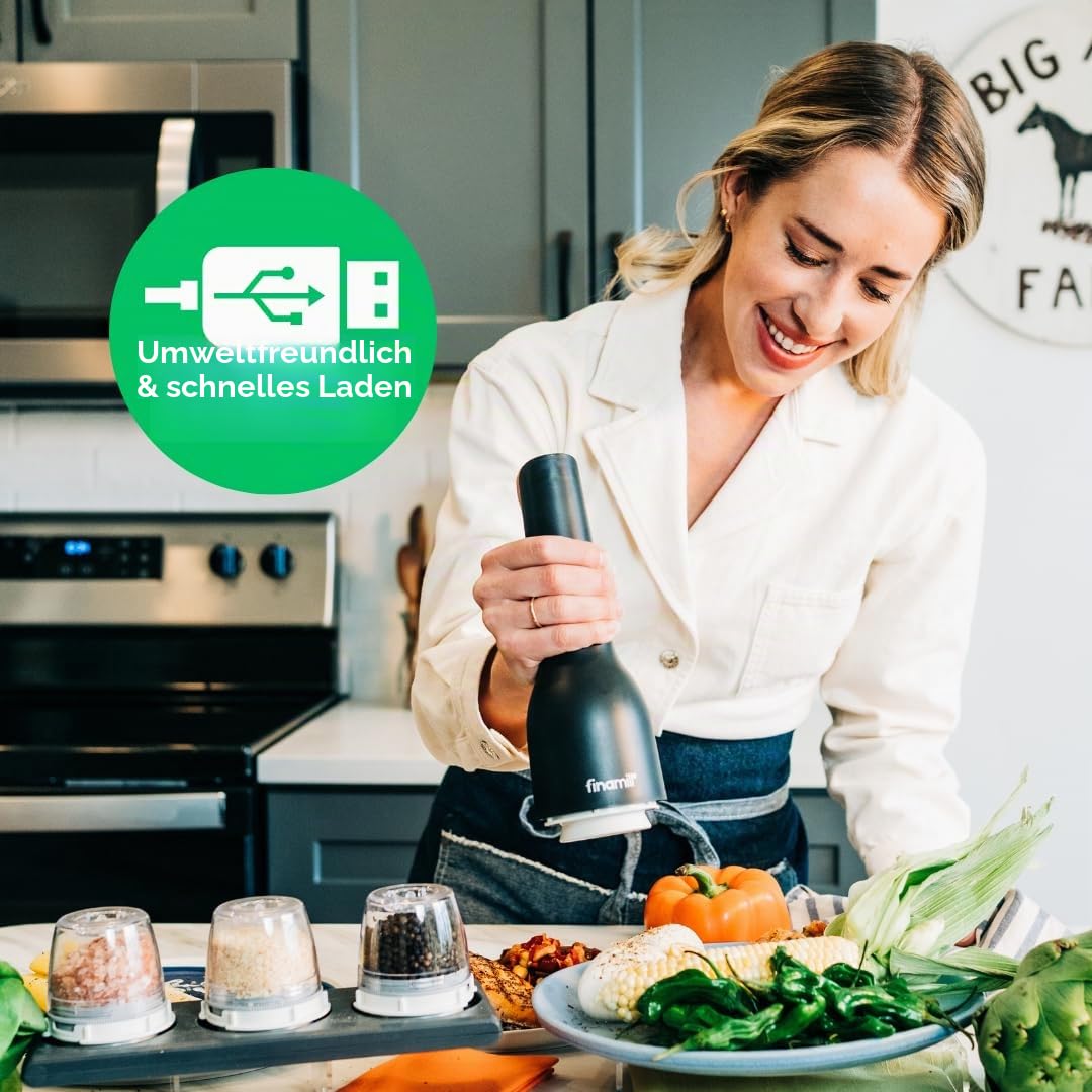 FinaMill USB wiederaufladbare Pfeffermühle & Gewürzmühle | Einstellbare Grobheit, Keramik-Mahlelemente, One-Touch-Bedienung mit LED-Licht | Inklusive 2 Schnellwechsel-PRO Plus Pods |