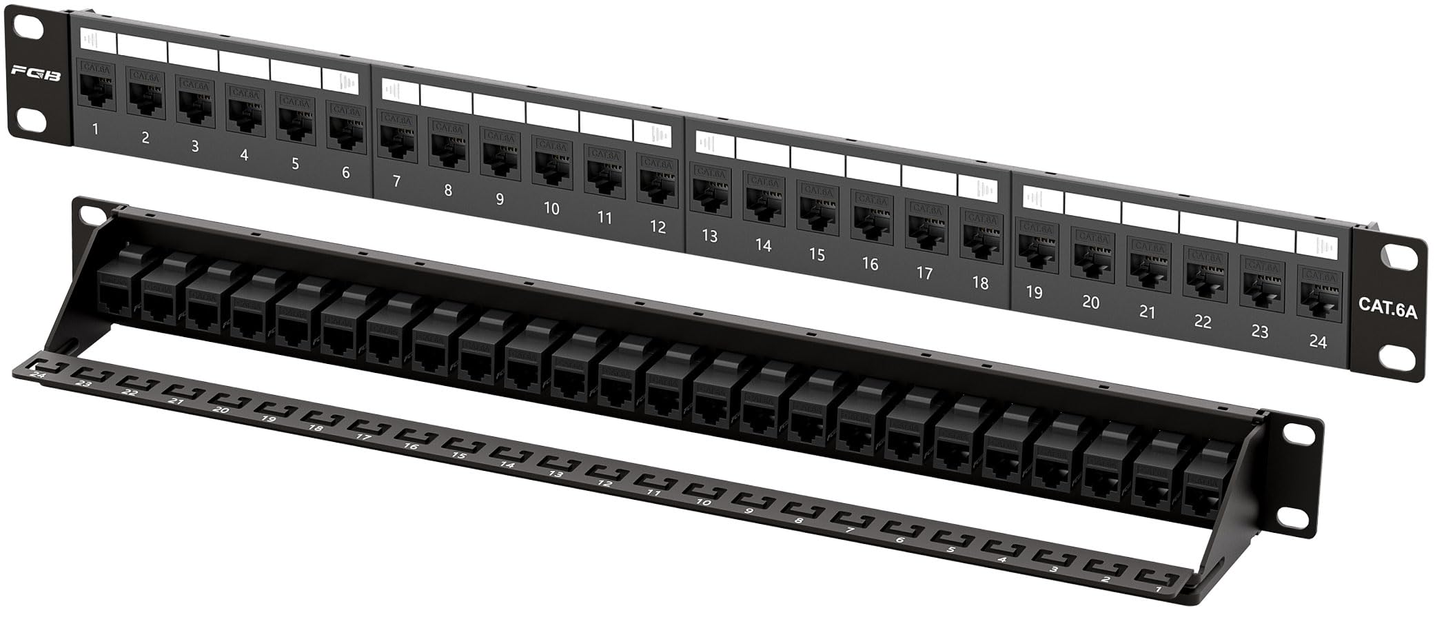 FGB Patch Panel da 10 Gbps a 24 porte, Patch Panel Cat6A 1U, montaggio a rack da 19 pollici o pannello patch Keystone per montaggio a parete con barra posteriore, pannello patch di rete per cablaggio