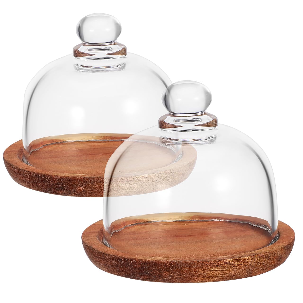 Yardwe 2 Small Cake Stands with Dome Lids, Wooden Base, Glass Covers