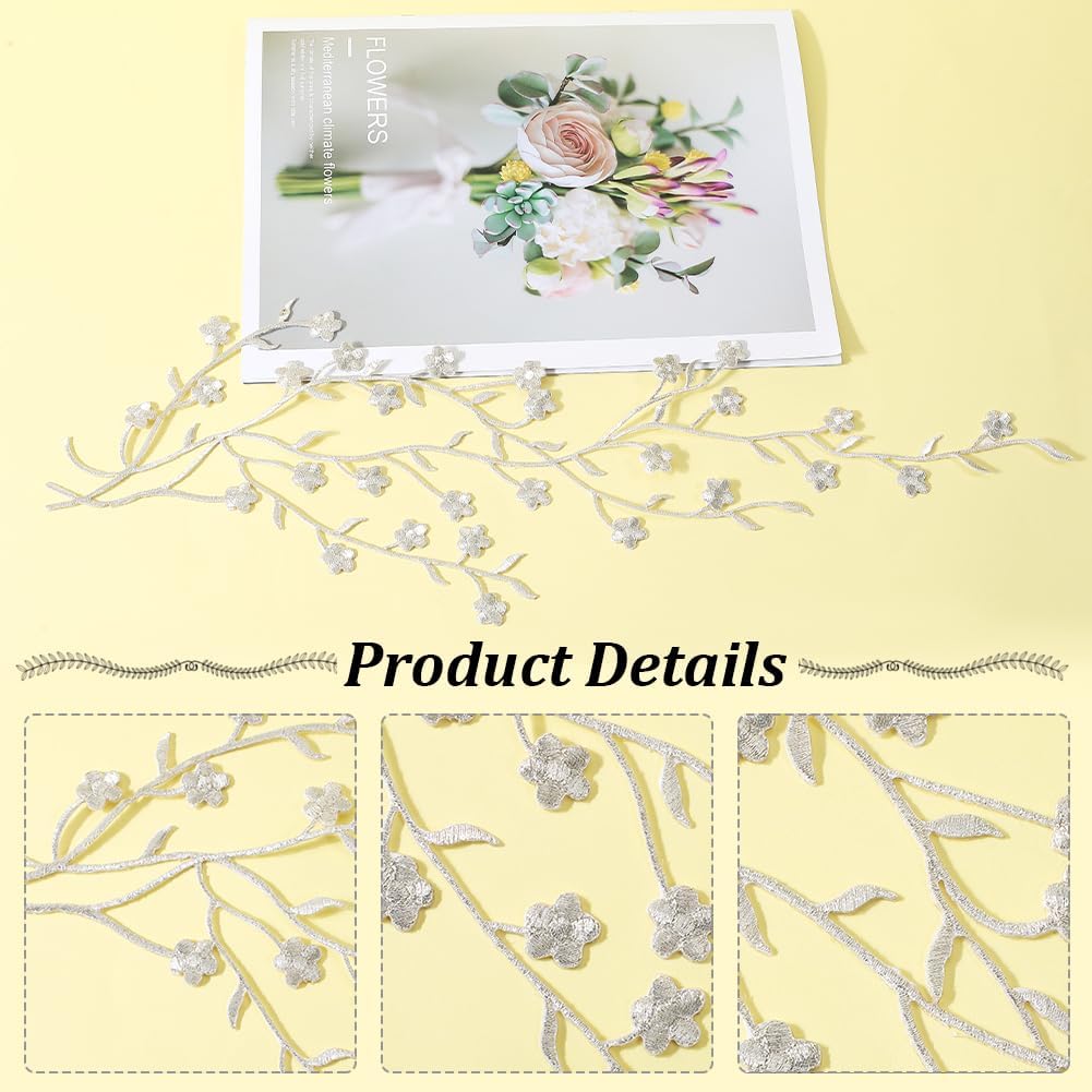 CRASPIRE 6pcs Silver Flower Iron on Embroidery Applique Plum Blossom Vines Patches Patches Ethnic Style Metallic Floral Embellishments Trim for Wedding Dress Decoration Repair DIY Craft White Fabric