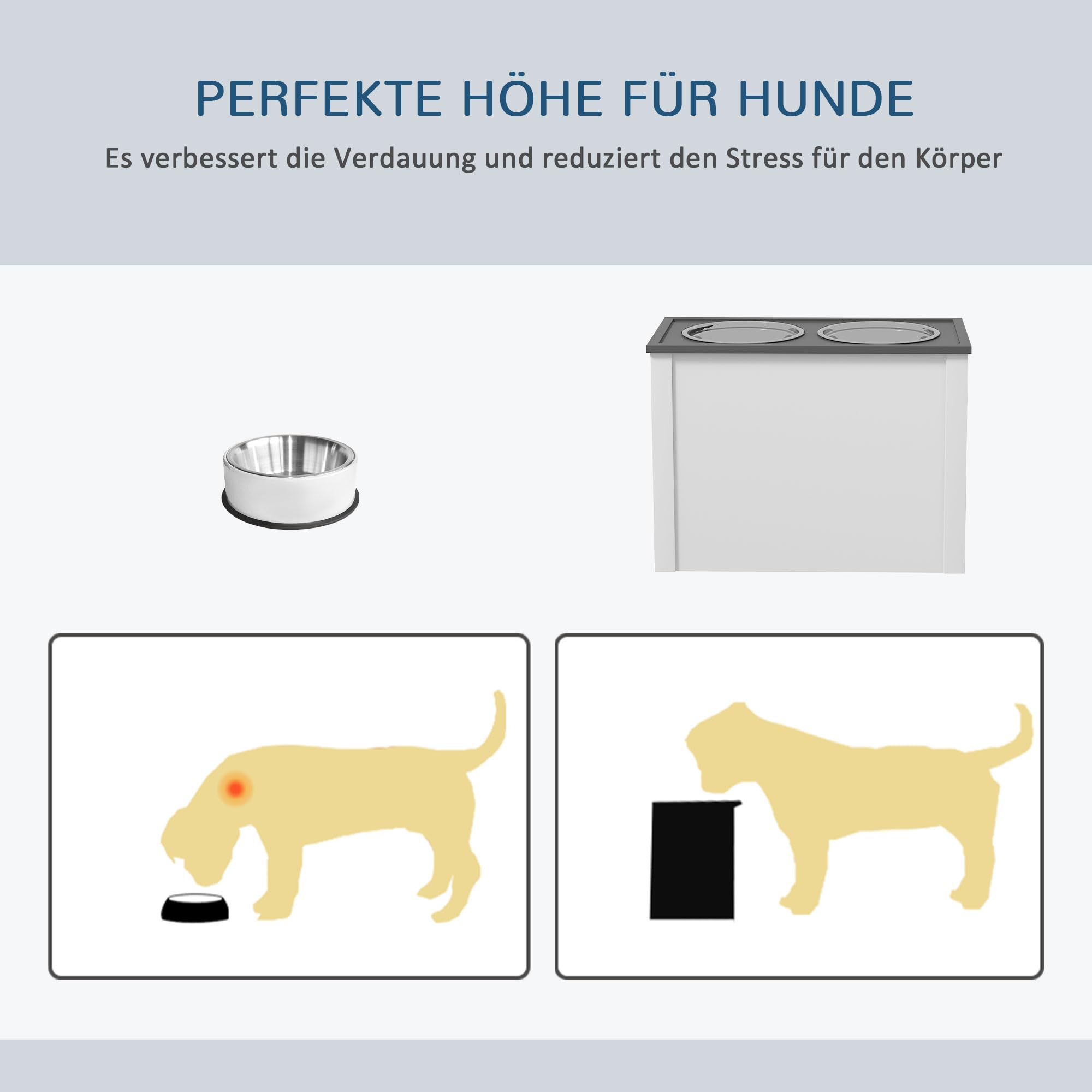PawHut Erhöhter Hundenapf Futternapf mit Ständer Wassernapf 2 x 2L Edelstahlnäpfen Langsamfutternapf für Große Hunde, Weiß