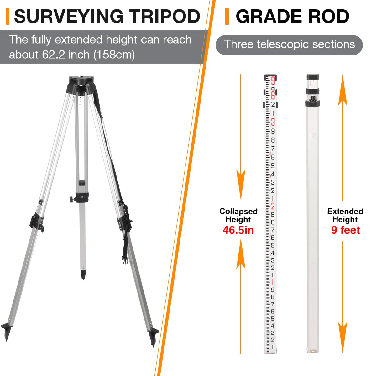 Surveying Tripod & Aluminum Rod Combo - 66" Height -2