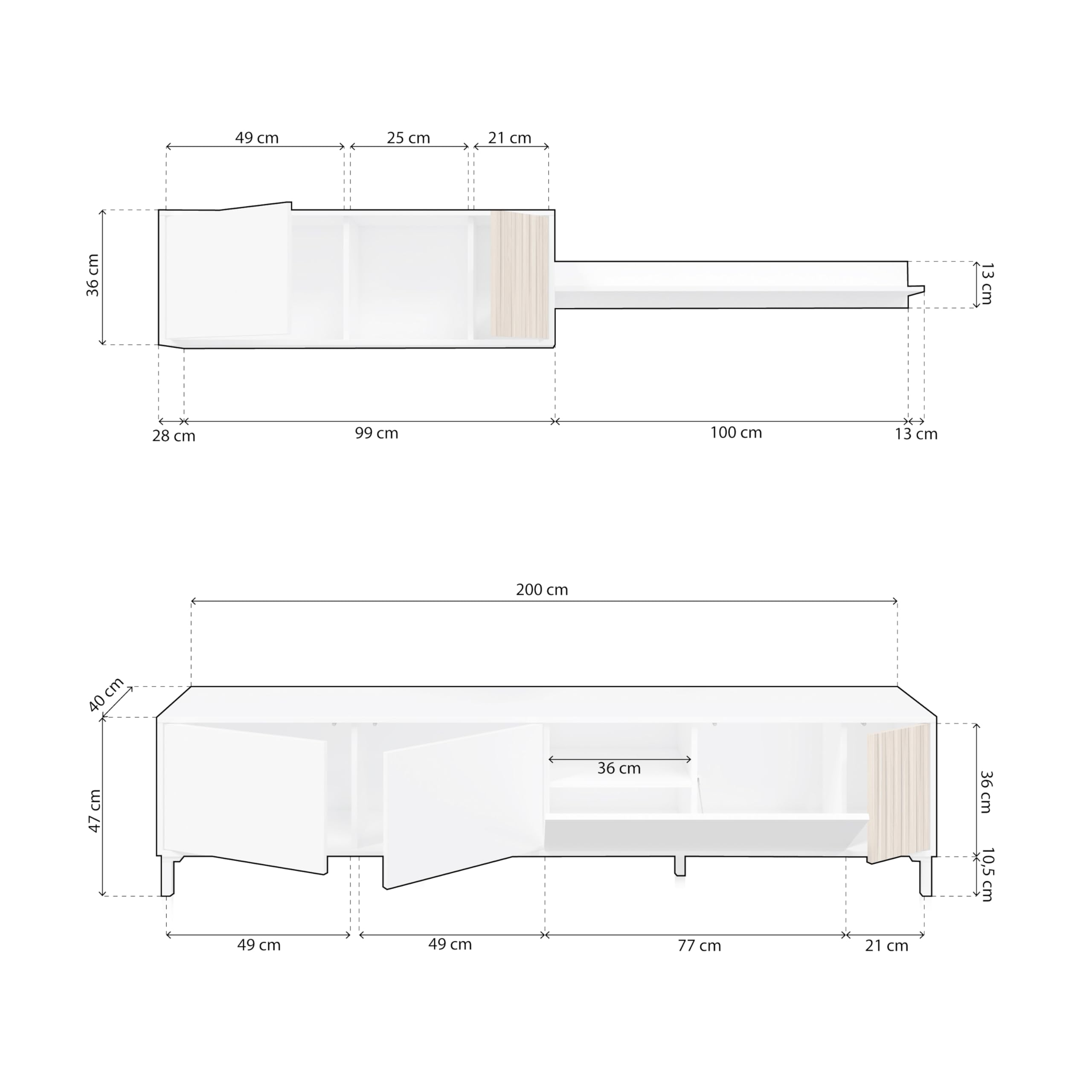 duehome | Conjunto de Salon, Mueble de TV, Modulos de Comedor, Modelo Nitza, Acabado en Blanco Artik y Natur, Medidas: 200 cm (Largo) x 40 cm (Fondo) x 47 cm (Alto)