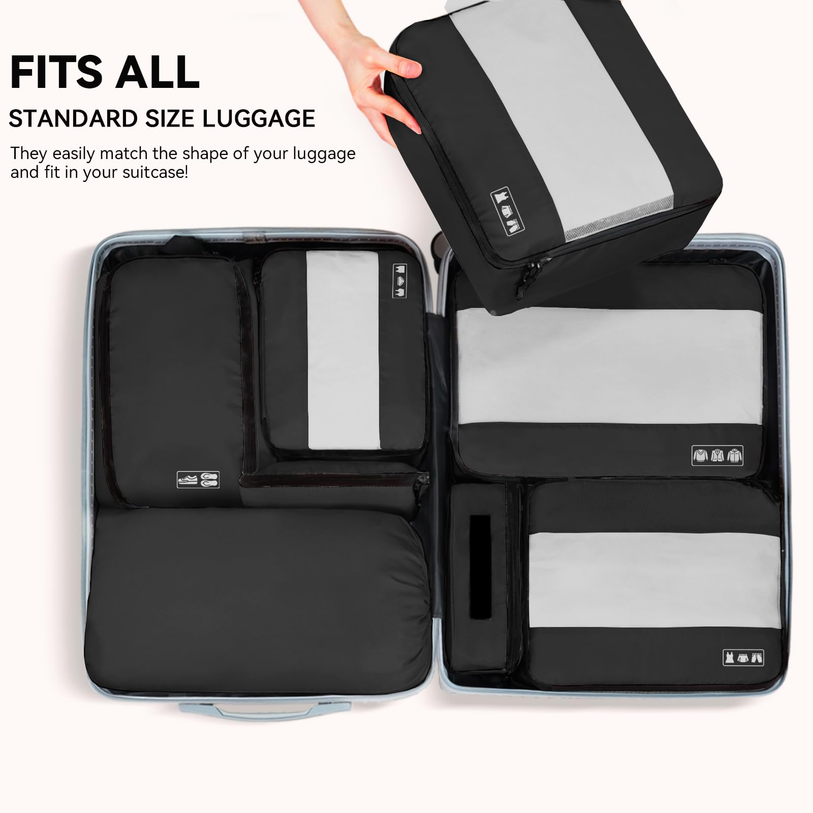 MURISE Organizer Valigia Salvaspazio, Organizer per Valigie 8 Pezzi per Viaggi e Vacanze, Packing Cubes con Borsa per Scarpe e Borsa per Cosmetici, Travel Essentials, Nero