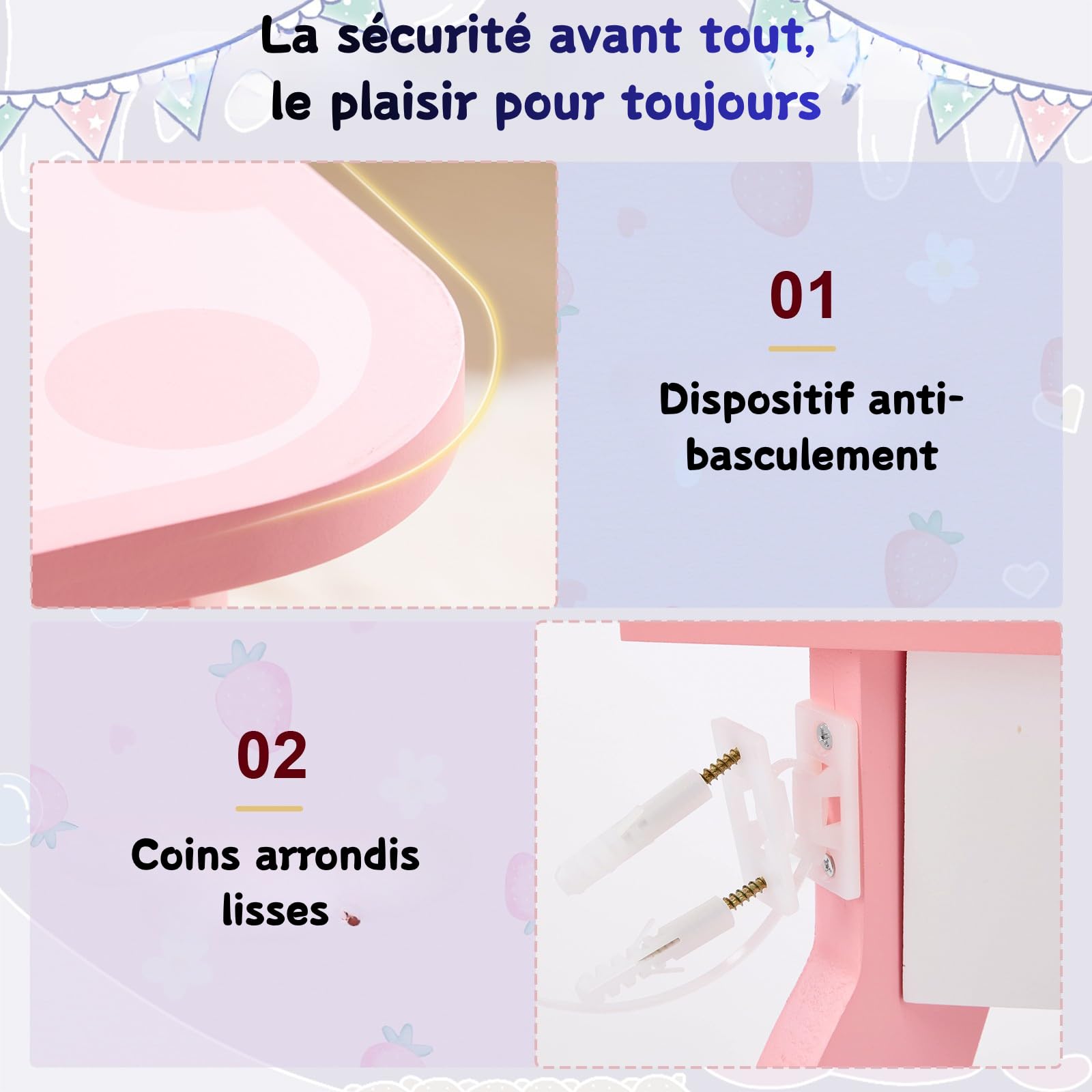 LEADZM Coiffeuse pour Enfants avec Miroir à Trois Volets, Coiffeuse Fille avec Imprimé Fruit Mignon & Tabouret, Table de Maquillage Princesse, pour 3 Ans+ (Rose)