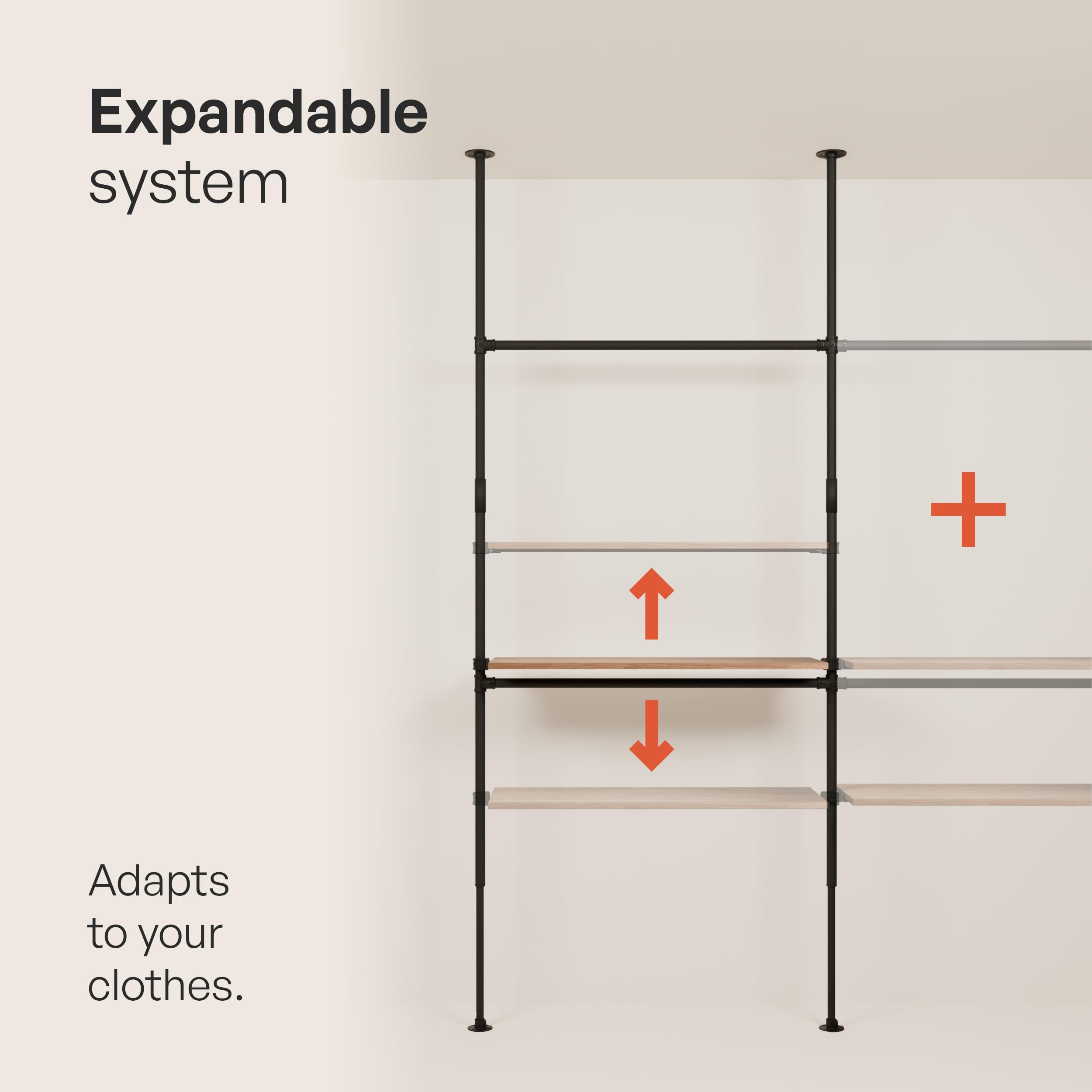 Industrieel pijpkledingrek - wandmontage kledingrek als inloopkastsysteem. Stevige open kledingkast voor het ophangen van kleding - Heavy Duty kledingrek met vier ophangstangen voor thuis